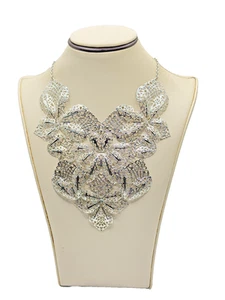 Silver Plated Filigree Bib Necklace Statement Floral Lace Design Elegant Jewelry - Picture 1 of 6