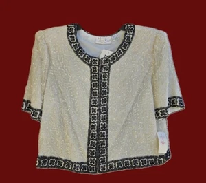 Chaqueta Blazer Top Vintage Nuevo con Etiquetas Lawrence Kazar Marfil Lentejuelas Manga Corta Talla XL P - Imagen 1 de 6