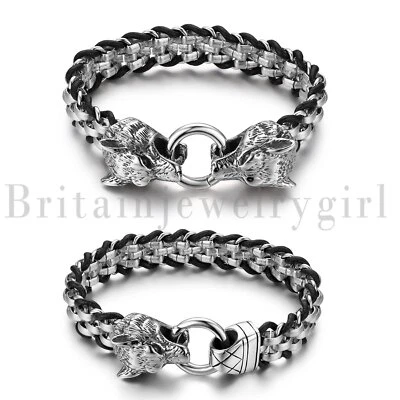 Bracelete de cabeça de lobo punk aço inoxidável corrente cubana couro bracelete trançado para homens - Imagem 1 de 4