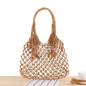 Summer Tassel Mesh Handbag Womens Straw Bag Handmade Cotton Beach Bag - Picture 1 of 8
