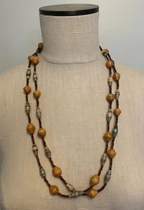 Vintage Handcrafted Folkart Rolled Trade Paper & Amber Beads Necklace 56” Long - Picture 1 of 9