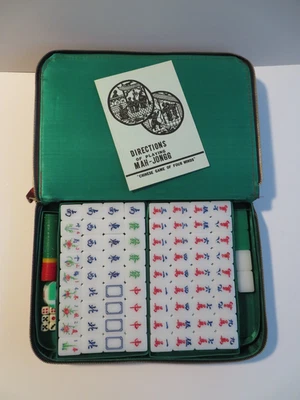 Vtg Mahjong Set Two Tone Lucite Tiles White Green Thick 148 Piece Zipper Case - Image 1 of 4