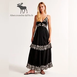 Abercrombie & Fitch Maxi Dress Ruffle Tiered Embroidered Size XSP Petite Black - Picture 1 of 14