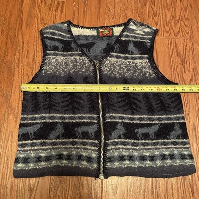 EE. UU. Alpes Ropa Fina Para Mujer 100% Lana Chaleco Patrón Pinos y Lobo Talla S Abotonado Foto 1 de 4