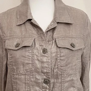 JNY Jones 100% Linen Flax Trucker Jacket Sz M Beige Neutral Shimmery Metalic - Picture 1 of 17
