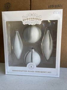 Wondershop at Target Handcrafted 4 count Glass Ornament Set White Gray - Picture 1 of 5