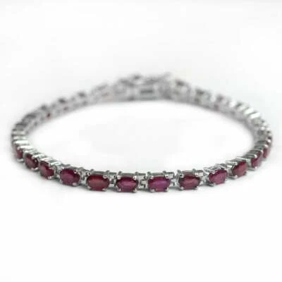 5x3 mm Natural Ruby Oval Cut Gemstone 925 Sterling Silver Tennis Bracelet  - Image 1 of 4