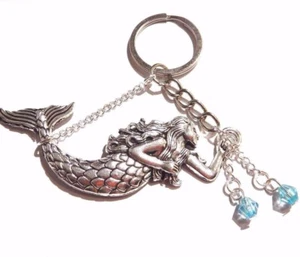 SILVER MERMAID KEY RING blue beaded delicate chain siren nautical magical 4G - Picture 1 of 3
