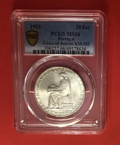 1953-Portugal -20 ESCUDOS SILVER COIN( FINANCIAL REFORM ),GRADED BY NGC MS 66 - Picture 1 of 4
