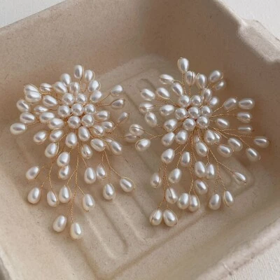 White Cluster Pearl Earrings Gold Metal Clip On Screw Back Cascading Handmade - Image 1 of 4