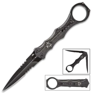 VENOM BLACK APOCALYPSE SPLIT BLADE POCKET KNIFE ALUMINUM HANDLE OPEN RING POMMEL - Picture 1 of 5