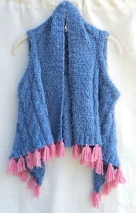 Matilda Jane Blue Knit Mirror Image Cardigan Vest Girls 10 Pink Fringe Fuzzy - Picture 1 of 8