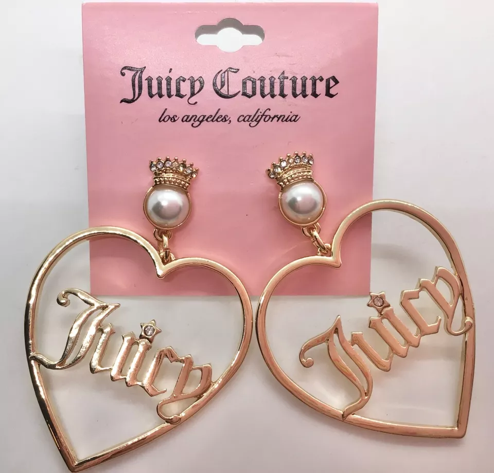 New Juicy Couture Gold tone Heart Crown Logo Dangle Statement Earrings  - Image 1 of 4