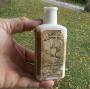 1870 HAGAN'S MAGNOLIA BALM EMB WITH LABEL MILKGLASS SKIN BEAUTY MEDICINE BOTTLE - Picture 1 of 9