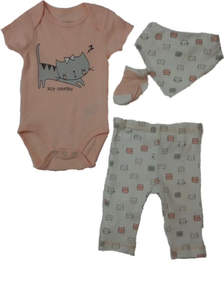 Conjunto de body de 4 piezas para bebés niñas rosa perezoso gatito gato gatito Foto 1 de 1