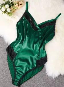 Vtg Stl Teddy Bodysuit Sissy Lingerie 2nd Skin Satin Green Hi Cut XL NEW - Picture 1 of 6