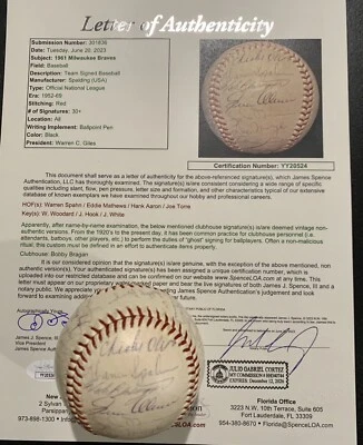 (JSA SIGNED LOA) 1961 MILWAUKEE BRAVES TEAM BASEBALL *AARON SPAHN (30+ AUTO)🔥 - Image 1 of 4