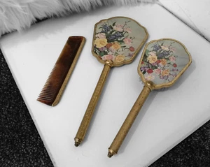 Juego de tocador vintage rosas y doradas cepillo espejo peine juego de tocador - Imagen 1 de 7