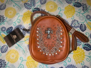 Neu American Bling Umhängetasche braun mit Steinkreuz Blumenmuster - Bild 1 von 12