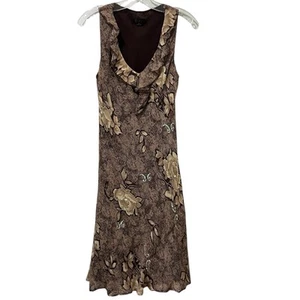 Vintage Lapis Medium Silk Dress Brown Tone Drape MIDI Floral Beaded Slip Y2K - Picture 1 of 7