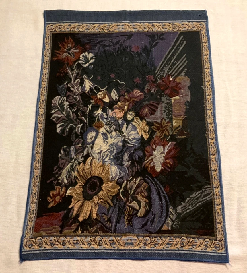 Vintage Tapestry Wall Hanging Flower Art Design Blues 16" x 23.5 - Image 1 of 4