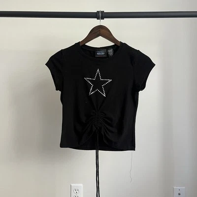 Y2K Anchor Blue Cropped Cute Star Bedazzled Womens M Stretch Baby Tee - Image 1 of 4