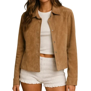 Chaqueta de cuero de gamuza genuina para mujer Abrigo de cuero real suave estilo años 90 vintage - Imagen 1 de 5