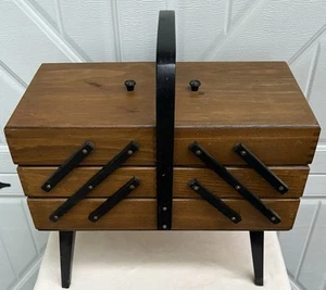 Vintage Wood Fold Out Accordion Style Sewing Box Organizer Craft Storage - Picture 1 of 14