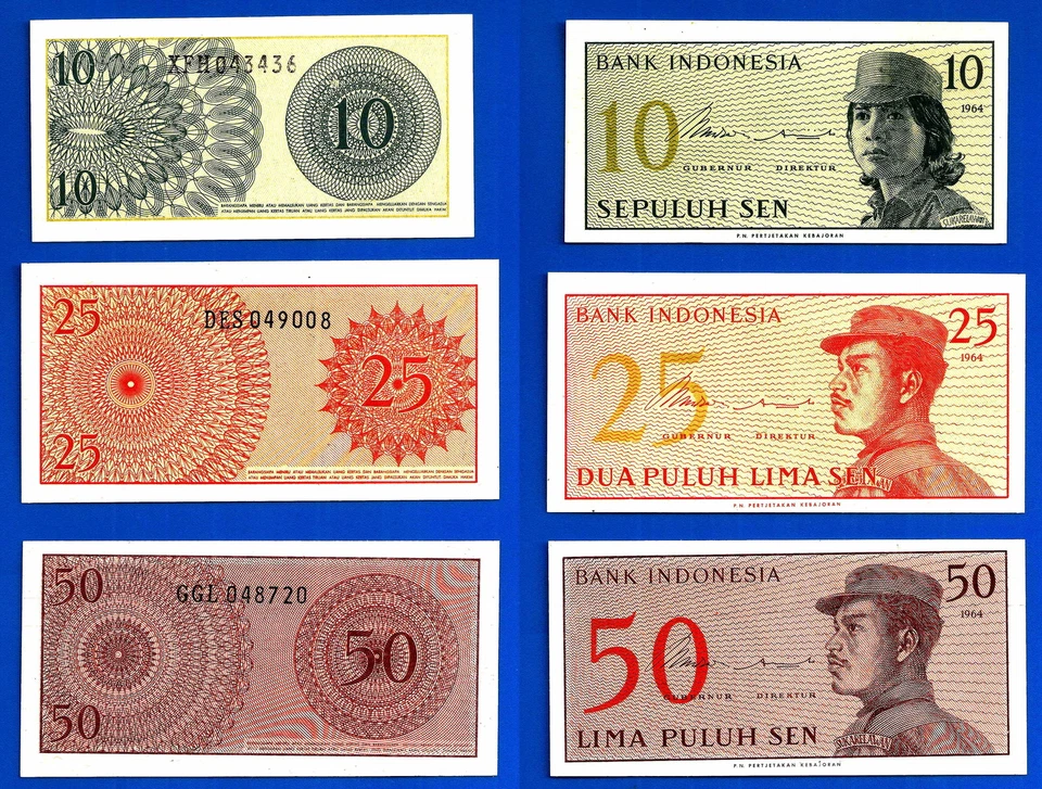 Indonesia Lot 10 Sen 25 Sen 50 Sen 1964 UNC Volunteer Free Shipping Worldwide - Image 1 of 1