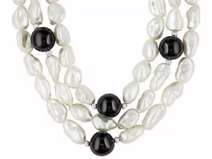 White Cultured Keshi Freshwater Pearl & Black Chalcedony S/Silver 18" Necklace - Picture 1 of 3