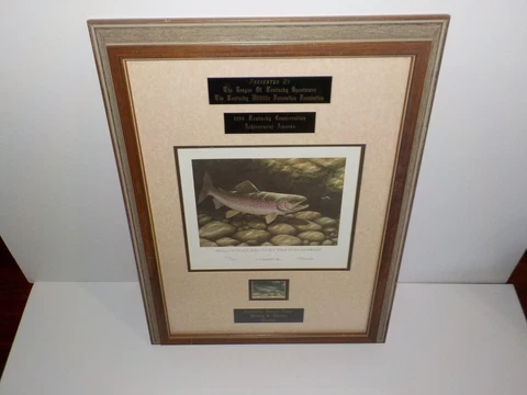 Vintage RARE 1984 FIRST OF STATE KY Trout Print & Stamp Kentucky Framed Matted Cover
