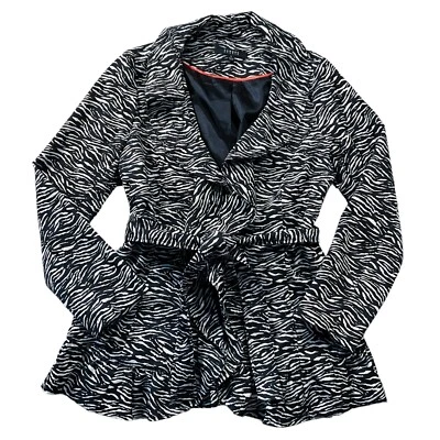 Sandro 女式夹克尺寸中号黑色奶油色动物印花绑带内衬荷叶边 — 第 1/4 张图片