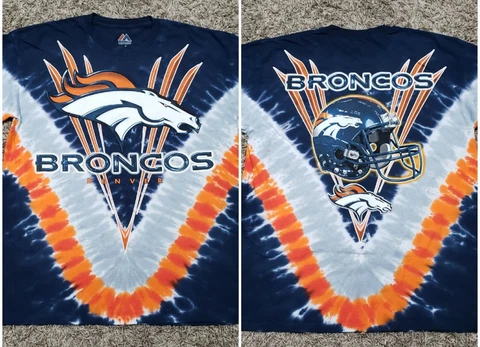NWOT Denver Broncos T-Shirt All Over Print Logo Spellout Men Size XL Tie Dye NFL Cover