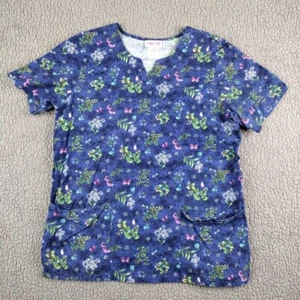 Cherokee Scrub Top Medium Medical Uniform Blue Purple Floral Wrap Neck USA Made - Picture 1 of 11