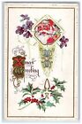 1914 Christmas Greetings Santa Claus Pansies Flowers Holly Berries Postcard