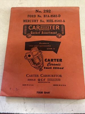 福特和水星 Carter 汽化器重建套件 #292 原装全新无标签 — 第 1/2 张图片