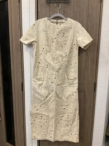 Gloria Ivey Womens Hand Made Tan Floral Short Sleeve Long Dress W/pockets Size 8 - Picture 1 of 13