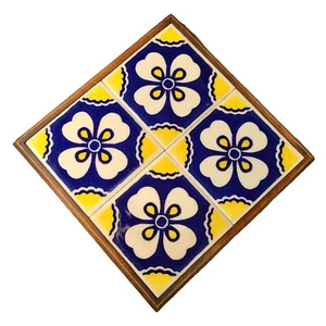 Azulejo mexicano vintage madera remache amarillo azul flores florales 9,5" x 9,5" - Imagen 1 de 5