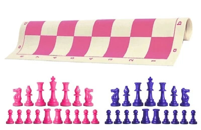 Piezas de ajedrez rosa y azul real y tablero de vinilo rosa de 20" - Juego de ajedrez triple peso Foto 1 de 4