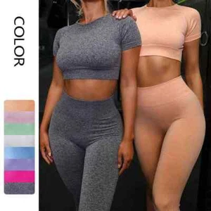 Seamless Yoga Set for Women - Sport Set with Running Leggings and Short Sleeve T - Picture 1 of 96