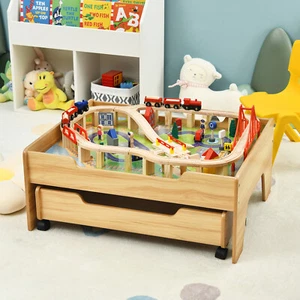 Babyjoy Holzeisenbahn Schienen Eisenbahn Set Tisch mit 100 Teilen Aufbewahrungsschublade - Bild 1 von 6