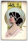 c1905 jolie femme cheveux bouclés noir art nouveau carte postale antique non postée