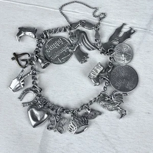 "Brazalete QGI 925 Italia Plata Esterlina 6.75"" Corazón Paz Corona 16 Dijes" - Imagen 1 de 9