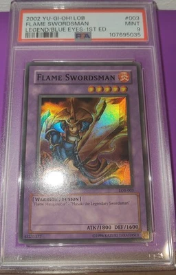 2002 Yu-Gi-Oh LOB Flame Swordsman Legend/Blue Eyes 1st Edition PSA 9 Wavy - Image 1 of 4