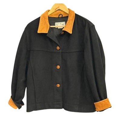 Chaqueta de Lana Negra Años 90 L.L.Bean Cuero Tostado Cuello Puños Heritage Clásica Foto 1 de 4
