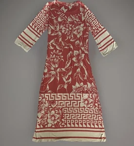 SOFT SURROUNDINGS Dress Medium Rust Hawaiian Floral Print 3/4 Sleeve Midi CUTE😍 - Picture 1 of 9