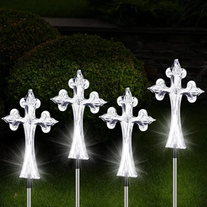 4 Piece Solar Garden Waterproof Lights Outdoor Yard Cross for Cemetery Grave - Picture 1 of 12