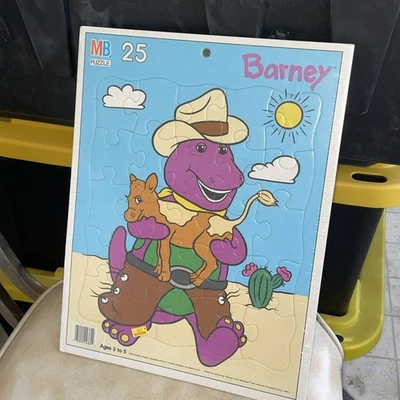 Barney Puzzle Vintage Purple Dinosaur Cowboy Calf Baby Bop MB 1993 Frame Tray - Image 1 of 2