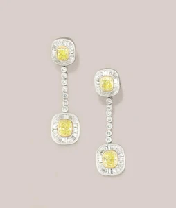 Lab-Created Cushion Cut Fancy Light Yellow & White Baguette-Cut Diamonds Earring - Picture 1 of 4