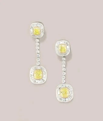 Lab-Created Cushion Cut Fancy Light Yellow & White Baguette-Cut Diamonds Earring - Image 1 of 4